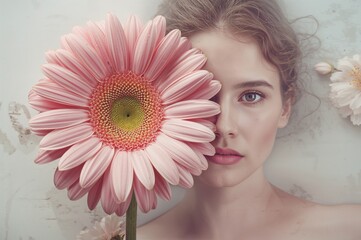 Close-up portrait of a woman partially obscured by a large pink gerbera flower against a soft textured background highlighting beauty and natural elements