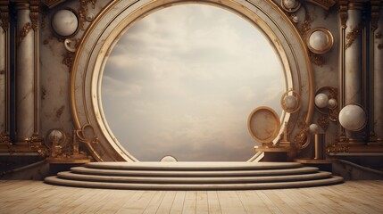 Elegant Ornate Circular Stage with Golden Details and Cloudy Sky View in Vintage Style