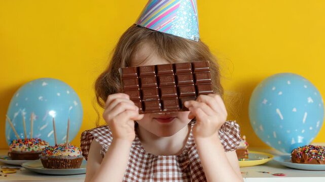 Joyful child enjoys a large piece of chocolate while wearing a party hat in celebration