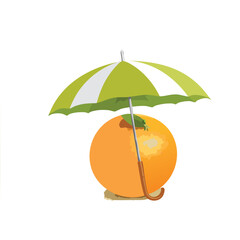 Orange beach parasol in the sand for a summer vacation illustration with the sea and sky in the background