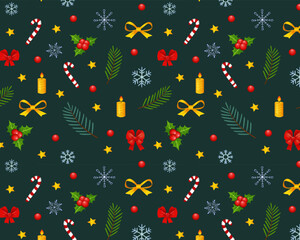 Seamless Christmas Pattern, Holiday Background, Twigs and Candles