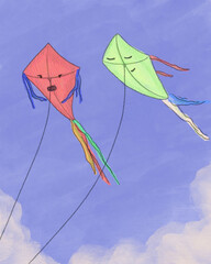 Two kites fly at the blue sky together, depicted as a character illustration. A hand-painted cute fantasy in sunny day with summer vibes scenery