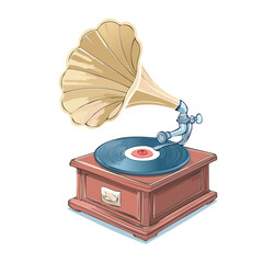 Illustration of a vintage gramophone with a large horn speaker playing a record, presented on a wooden base.