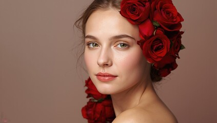 Naklejka premium Young woman with long hair adorned with red roses on her head and shoulder posing against a soft pink background with a neutral expression and natural makeup
