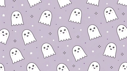 Seamless pattern of white ghosts on pastel lavender background, minimal Halloween design.