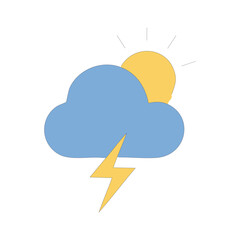 Simple illustration of a cloudy sky with a shining sun and lightning bolt.