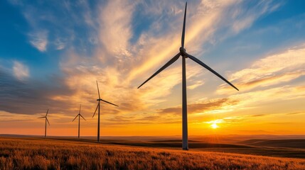 Obraz premium Harnessing renewable energy wind turbines at sunset scenic landscape nature photography vibrant skies serene atmosphere