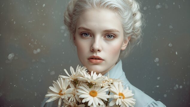 Portrait of a young girl with light blonde hair holding a bouquet of white Aster flowers set against a muted background featuring soft bokeh effects and elegant toning.