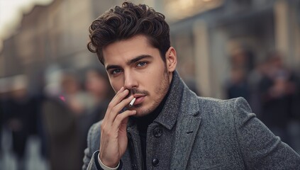 Portrait of a young man with curly hair wearing a gray jacket and smoking a cigarette outdoors in a blurred urban setting with people in the background