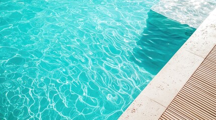 Obraz premium Minimalist luxury swimming pool with turquoise water, sunlight reflections, and stone edge with wooden drain detail, perfect for summer resort, travel promotion, and relaxation design