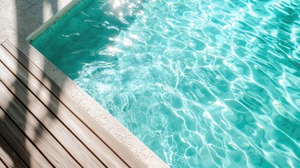 Obraz premium Minimalist luxury swimming pool with turquoise water and sunlight reflections beside stone and wooden deck, perfect for summer resort, travel design, and relaxation concepts