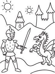 Knight Fighting Dragon Epic Outline Drawing
