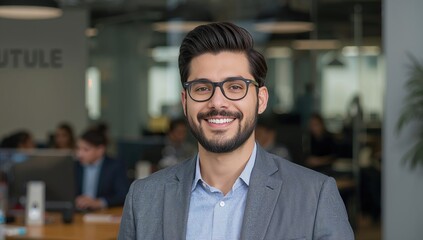Obraz premium Portrait of smiling male business owner with glasses in modern office setting. Professional attire and confident demeanor with diverse team working in background.