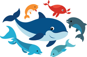 Marine animal vector bundle whales dolphins crabs scalable illustration eps icon collection