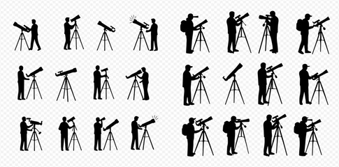 Collection of black silhouettes depicting individuals using and adjusting astronomical telescopes on tripods. © Adji