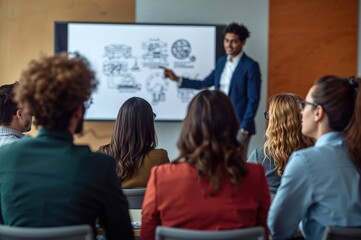 Fototapeta premium Group of Young Office Employees in Casual Attire Attending Presentation by Business Leader Using Illustrations on Screen in Modern Conference Room