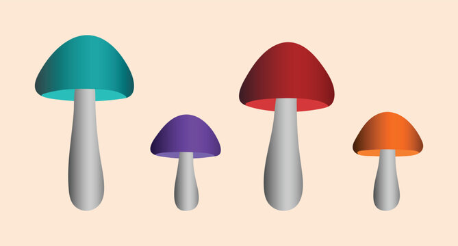 Vector illustration of four gradient mushrooms in different colors and sizes - red and blue big mushrooms and yellow and purple small mushrooms. Clean modern style with smooth gradients