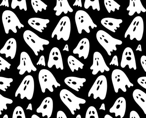 black and white ghost seamless pattern, isolated texture textile for Halloween night party 