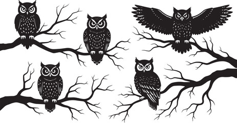 Black Owl Silhouettes on Tree Branches owls