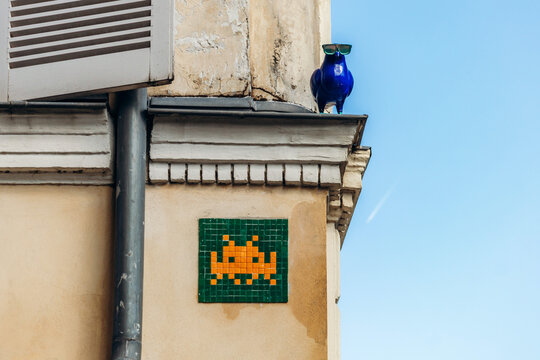 Paris, France - September 12, 2025: Space Invader mosaic street art near the Luxembourg Gardens in Paris
