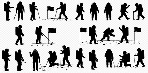 Silhouettes of astronauts exploring an alien planet or moon surface, performing various tasks with tools and flags.