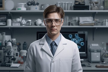 Laboratory scientist in a white coat and safety glasses standing in a research lab with scientific equipment and molecular structure visuals in the background.