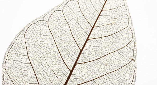 Detailed leaf skeleton showing intricate vein pattern against white backdrop
