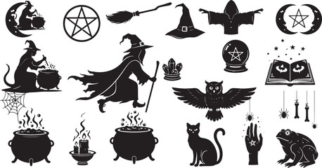 Halloween Witchcraft and Magic Symbols Silhouette Collection Keywords: witch, cauldron, owl