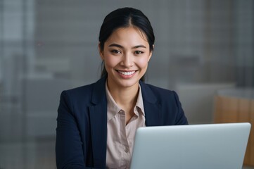 Businesswoman in suit smiling while using laptop in modern office environment with blurred background and natural lighting