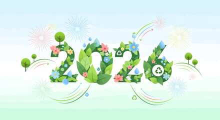 Creative 2026 text design decorated with lush green leaves, colorful flowers, and water drops, symbolizing a new year of environmental conservation and sustainability