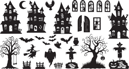 Spooky Halloween Haunted Houses and Figures Silhouettes castle broken window