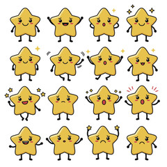 Fototapeta premium Set of cute kawaii star characters with various emotions and poses A collection of adorable yellow star mascots showing different expressions.