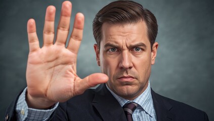 Businessman displaying a stop gesture with an assertive expression while dressed in a suit against a blurred background indicating disapproval or indignation