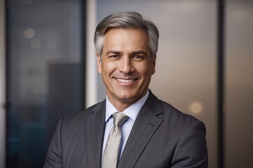 Fototapeta premium Studio portrait of confident mature businessman wearing grey suit and tie, smiling with blurred office background and warm natural lighting.