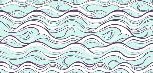 Seamless pattern of cute hand-drawn abstract waves in soft mint and white,  white,  vector