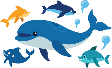 Vector illustration of whales dolphins and crabs underwater scene scalable eps