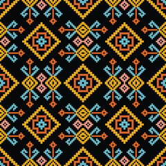 Thai Art Pattern Vector with Blue, Yellow, and Orange Ornamental Elements on Black Background – Seamless Traditional Decorative Motif for Fabric, Textile, Wallpaper, Luxury Background, Cultural Design
