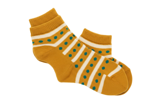 Isolated Pair of knitted mustard-yellow socks with blue polka dots and white stripes pattern - Powered by Adobe