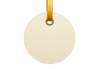 Isolated hanging blank round tag with gold ribbon for personalized message or design