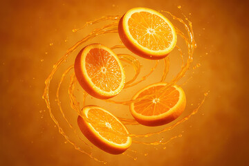 Floating orange slices with juice splash in mid-air on vibrant orange background. Fresh and dynamic concept