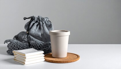 Eco-friendly still life, showcasing reusable items like a cup, produce bags and small clean cloth napkins, arranged on a white surface