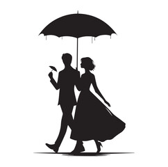 A Romantic couple holding umbrella silhouette and Vector