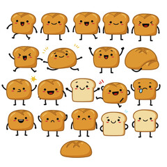 Obraz premium Collection of cute kawaii bread and toast characters with various expressions.
