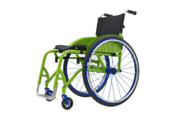 Isolated green wheelchair with blue wheels for mobility assistance, handicap, or disability