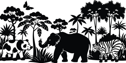 Silhouette illustration of an elephant and a bear in a wild animal vector art style