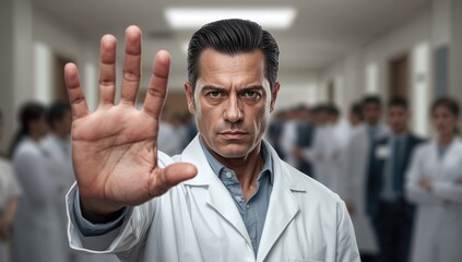 Obraz premium Male medical professional in white coat raising hand to signal stop or refusal, serious expression, hospital environment with colleagues in background.