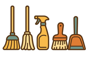 Essential household cleaning supplies including brooms, spray bottle, brush, and dustpan