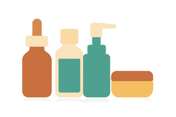 Minimalist set of cosmetic packaging containers including dropper bottle pump dispenser and cream jar