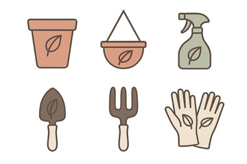 Essential set of six gardening supplies including flower pot, trowel, hand fork, and protective gloves