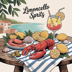 A vibrant still life featuring limoncello spritz, lobster, shrimp, lemons, and shells on a wooden table with a coastal view, evoking a sense of italian summer